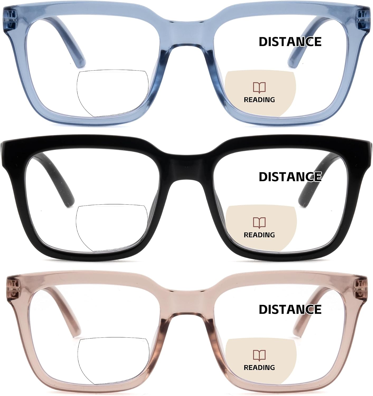 3 Pack Bifocal Reading Glasses for Women Men Oversized Clear Top Bi-focal Readers Far/Near Dual-use Computer Eyewear