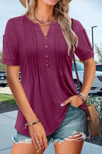 Women's Summer Knit Tops Short Sleeve V Neck Button Folded Front Soft Tunic Blouses