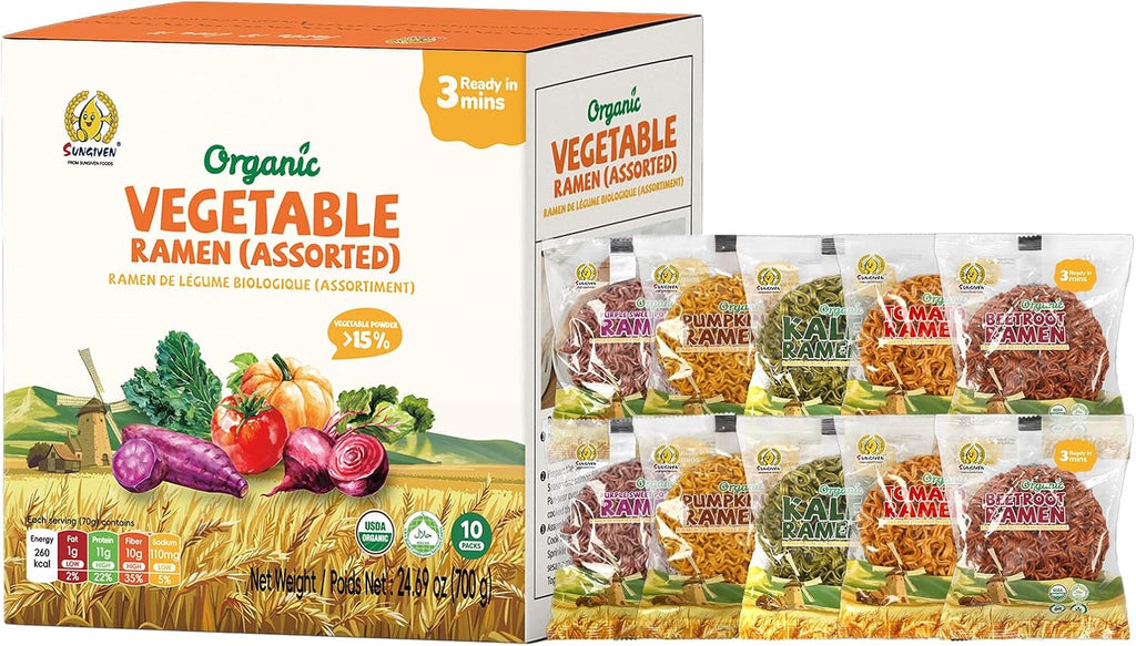 SUNGIVEN Organic Ramen Noodles Mixed Vegetable Healthy Low Sodium Ready in 3 Minutes Non-Fried Instant No Additives or Preservatives 2.47 OZ (Pack of 10)
