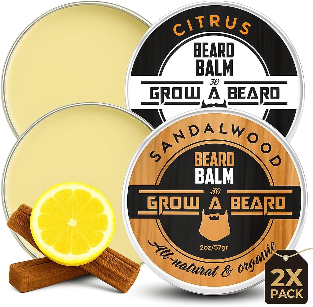 Beard Balm for Men, 2oz Sandalwood & 2oz Citrus Scent, w/Jojoba Oil & Shea Butter, Styling Cream for Men, Moisturizer & Softener, Beard Care Leave in Conditioner (2 Pack) (Balm)