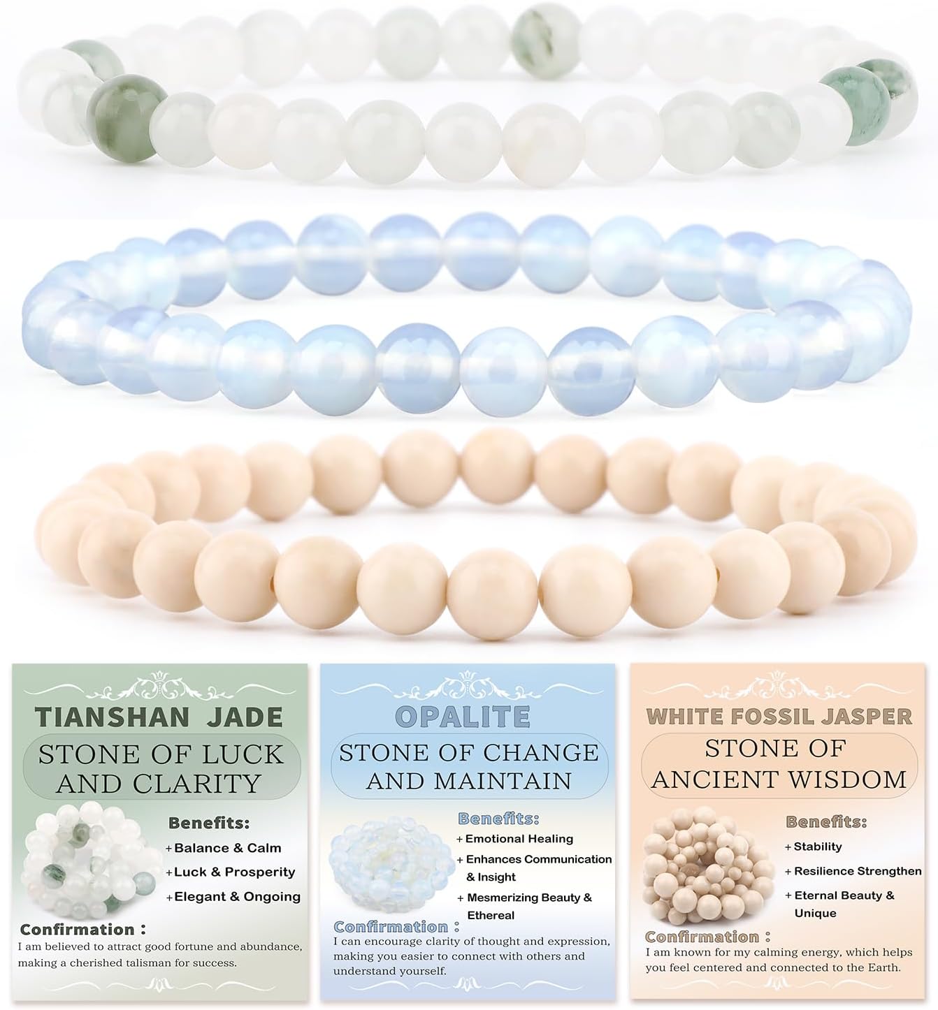 2/3-Pieces 4mm 6mm 8mm Natural Crystal Gemstone – Handmade Reiki Energy Healing Stretch Bracelets Jewelry for Yoga, Meditation, Unisex