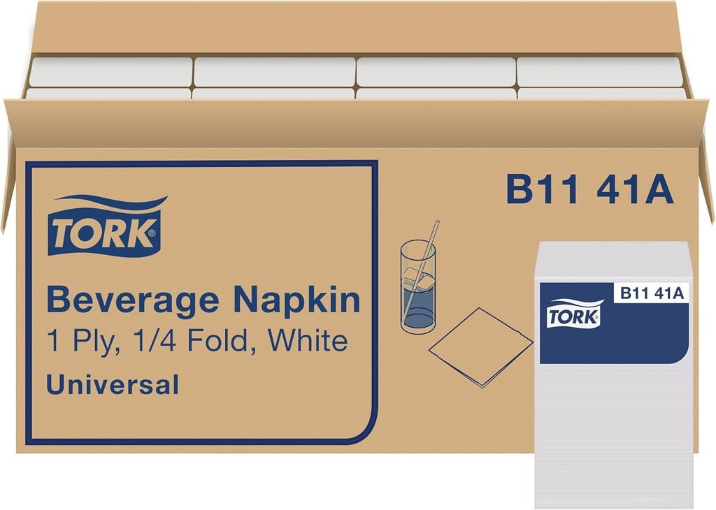 Tork White Beverage Napkin, 1/4 Fold 1-ply, 9.4" x 9.4", 8 x 500 napkins, B1141A