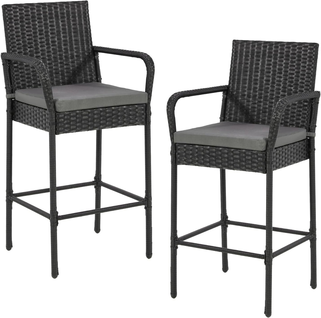 ECOTOUGE Set of 2 Patio Rattan Barstools, All-Weather Wicker Bar Height Chairs with Armrest & Backrest, Soft Cushion, Footrests, Outdoor Furniture for Backyard, Pool, Garden, Black