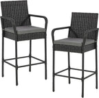 ECOTOUGE Set of 2 Patio Rattan Barstools, All-Weather Wicker Bar Height Chairs with Armrest & Backrest, Soft Cushion, Footrests, Outdoor Furniture for Backyard, Pool, Garden, Black
