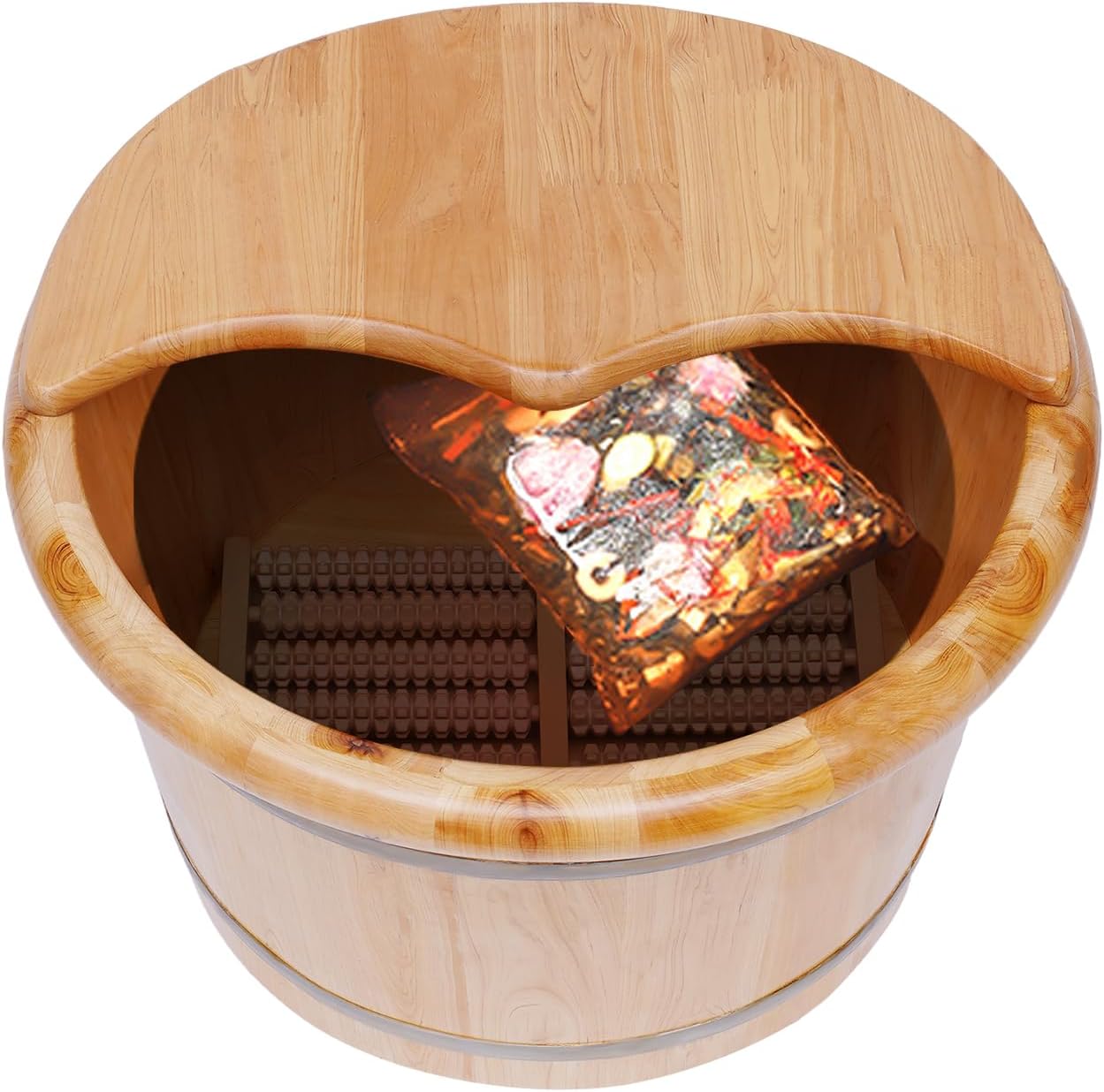 Foot Basin Wooden Foot Bath Bucket,Solid Cedar Wood Foot Tub with Massage Roller & Cover Plate,Good Heat Preservation,Thicken Feet Relax Pedicure Bowl Spa Barrel Kit for Washing,Soak,Massage,Sauna