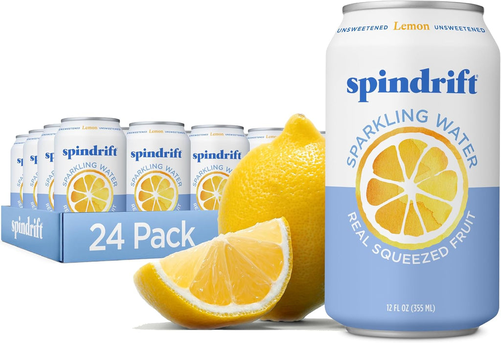Spindrift Sparkling Water, Lemon Flavored, Made with Real Squeezed Fruit, 12 Fl Oz Cans, Pack of 24 (Only 3 Calories per Can)