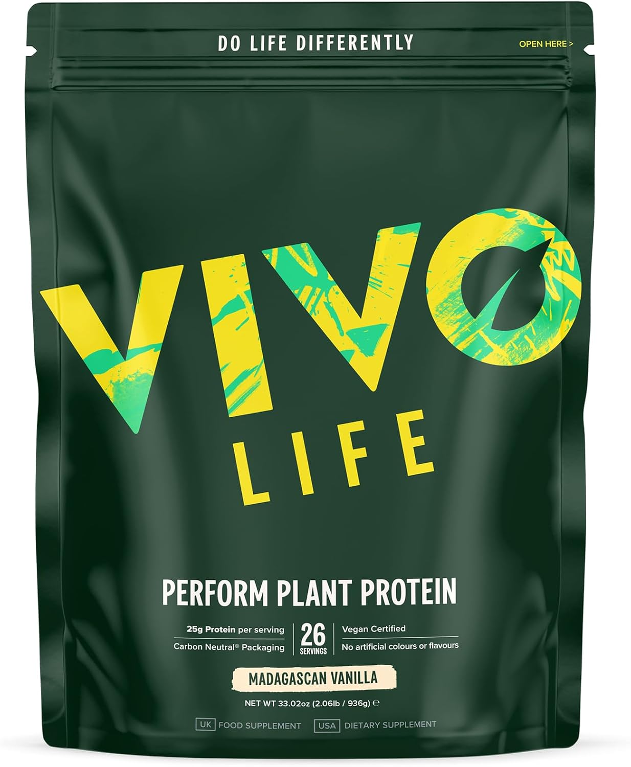 Vivo life Perform Plant Protein Powder | 25g Protein with 6g BCAAs, Iron, Zinc, Turmeric & Herbal Enzyme Blend | Lactose Free & Easy to Digest, Plant-Based Nutrition | Vanilla - 26 Servings