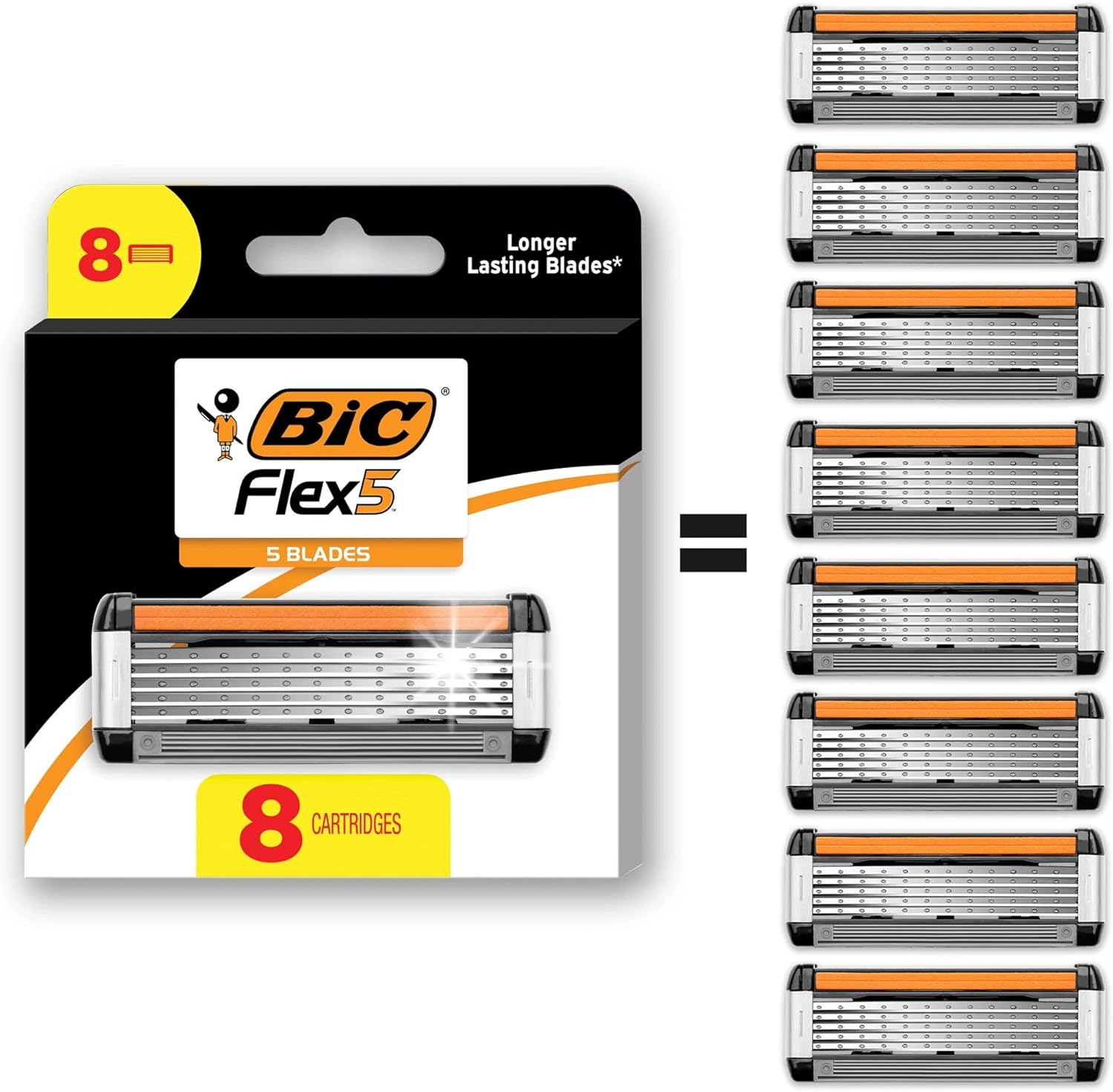 BIC Flex 5 Refillable Razors for Men, Long-Lasting 5 Blade Razors Refills for a Smooth and Comfortable Shave, 8 Razor Cartridges