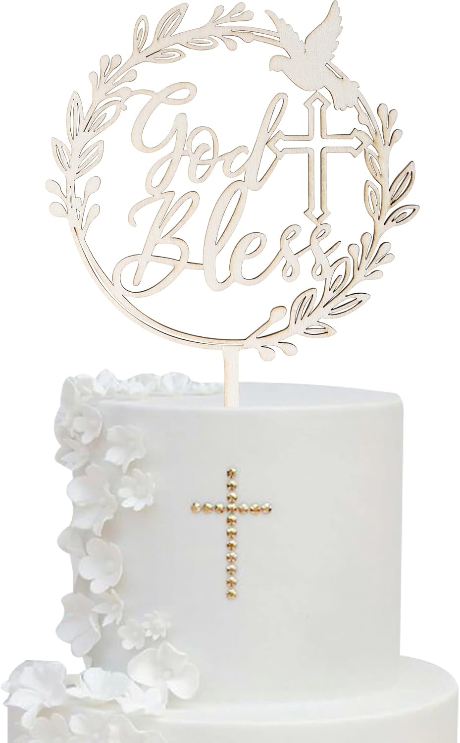 1 PCS God Bless and Cross Cake Topper with Dove Wooden God Bless Cake Pick First Communion Cake Decoration for Christening Religious Baptism Baby Shower Birthday Party Cake Decorations Supplies