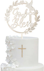 1 PCS God Bless and Cross Cake Topper with Dove Wooden God Bless Cake Pick First Communion Cake Decoration for Christening Religious Baptism Baby Shower Birthday Party Cake Decorations Supplies
