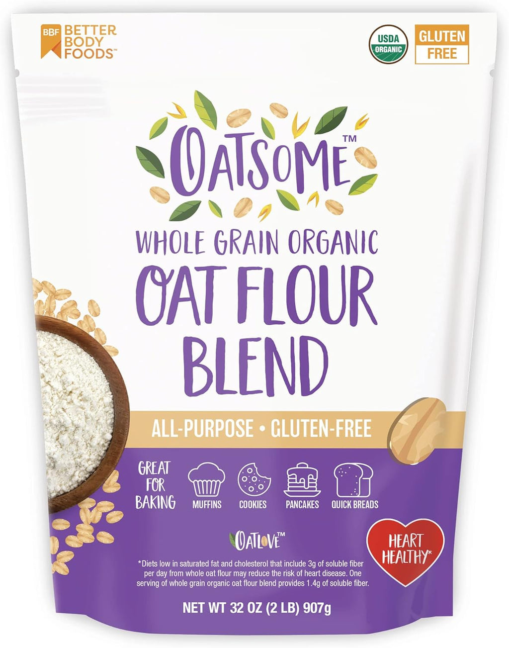 Oatsome Organic Oat Flour Blend, Whole Grain, Gluten-Free, All Purpose Flour for Baking, Vegan, 2 lb, 32 oz