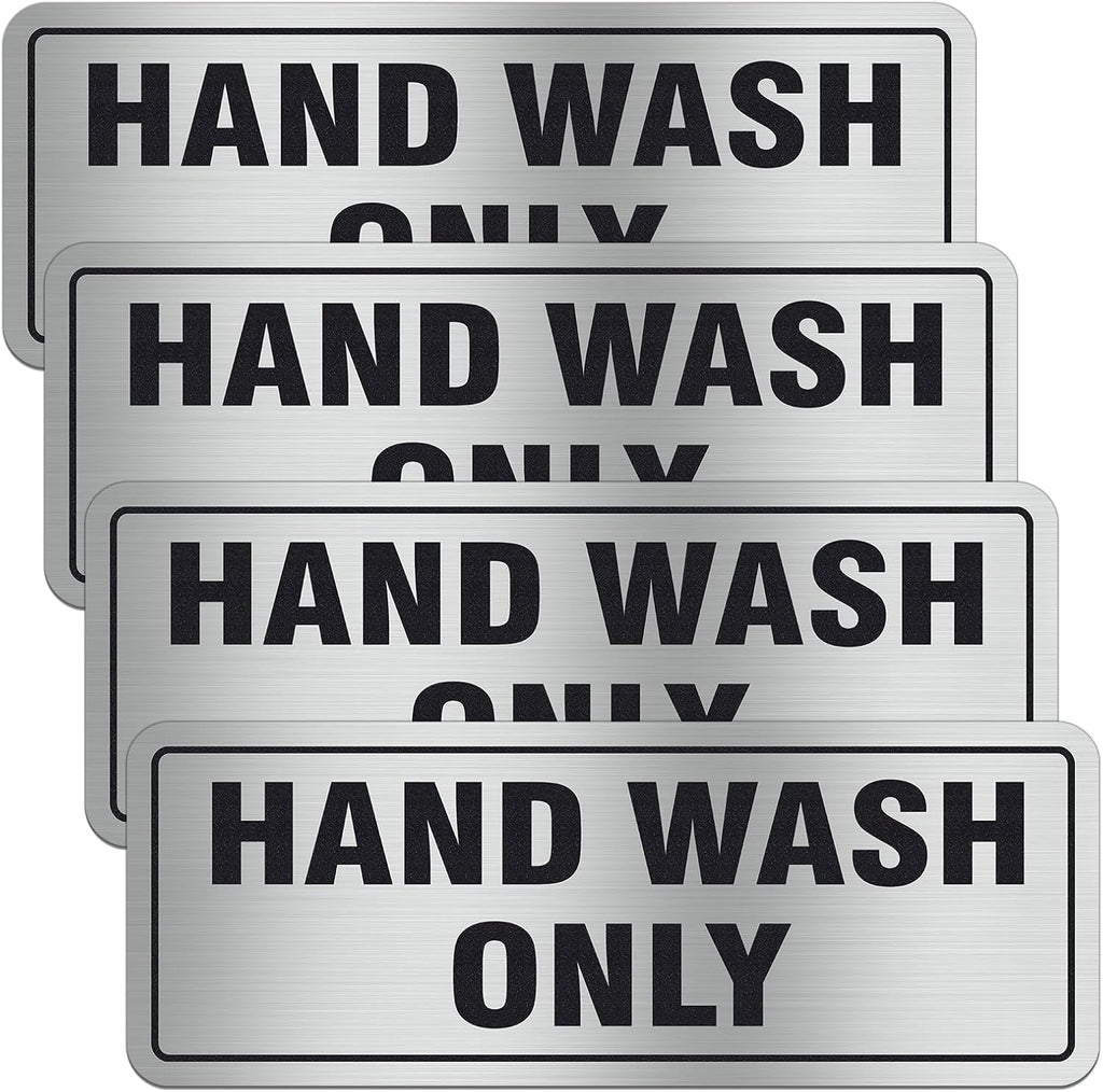 Hand Wash Only Sign, 4 Pack 8x3Inch Self-Adhesive Aluminum Signs for Business Office Home(Silver)