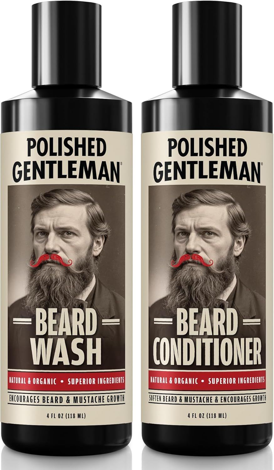 Polished Gentleman Beard Wash and Conditioner Set - Softens and Strengthens - Beard Shampoo with Growth Oil - Moisturizer & Beard Thickener - Tea Tree Unscented - Paraben-Free & Sulfate-Free (4oz)