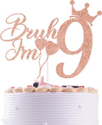 Rose Gold Glitter Bruh I'm 9 Cake Topper, It's My 9th Birthday/Happy 9th Birthday/On Cloud 9, Funny Birthday Party Decorations Supplies