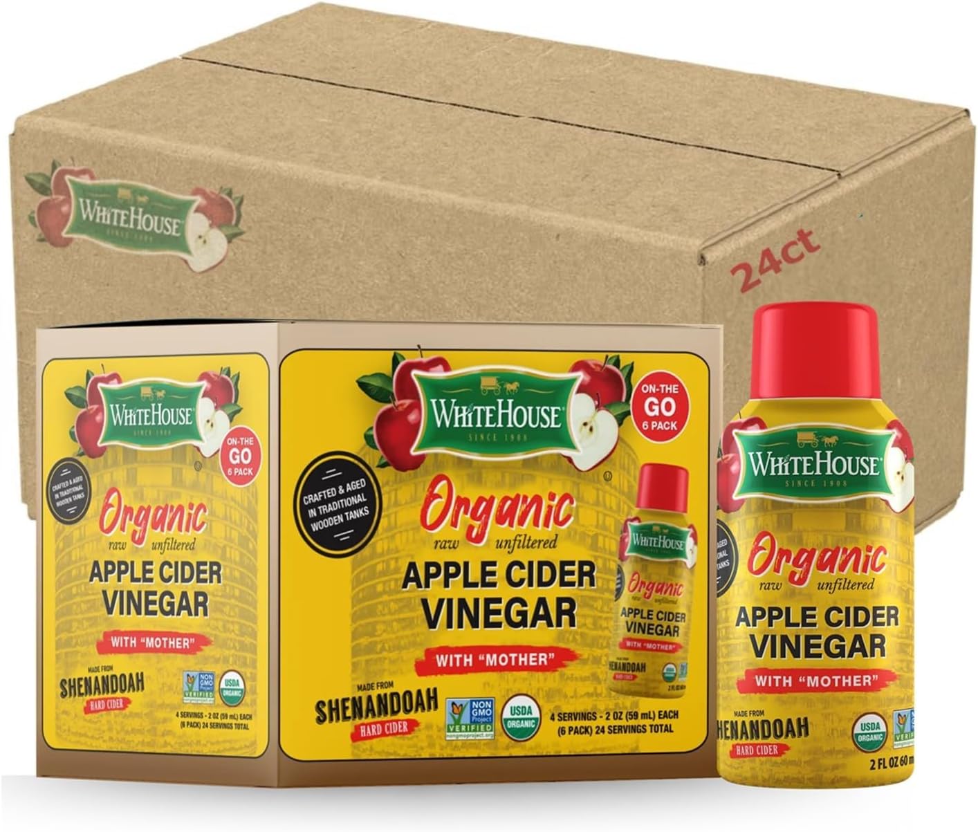 White House Organic Apple Cider Vinegar Shots, Raw Unfiltered, On the Go (Organic, Pack of 24)
