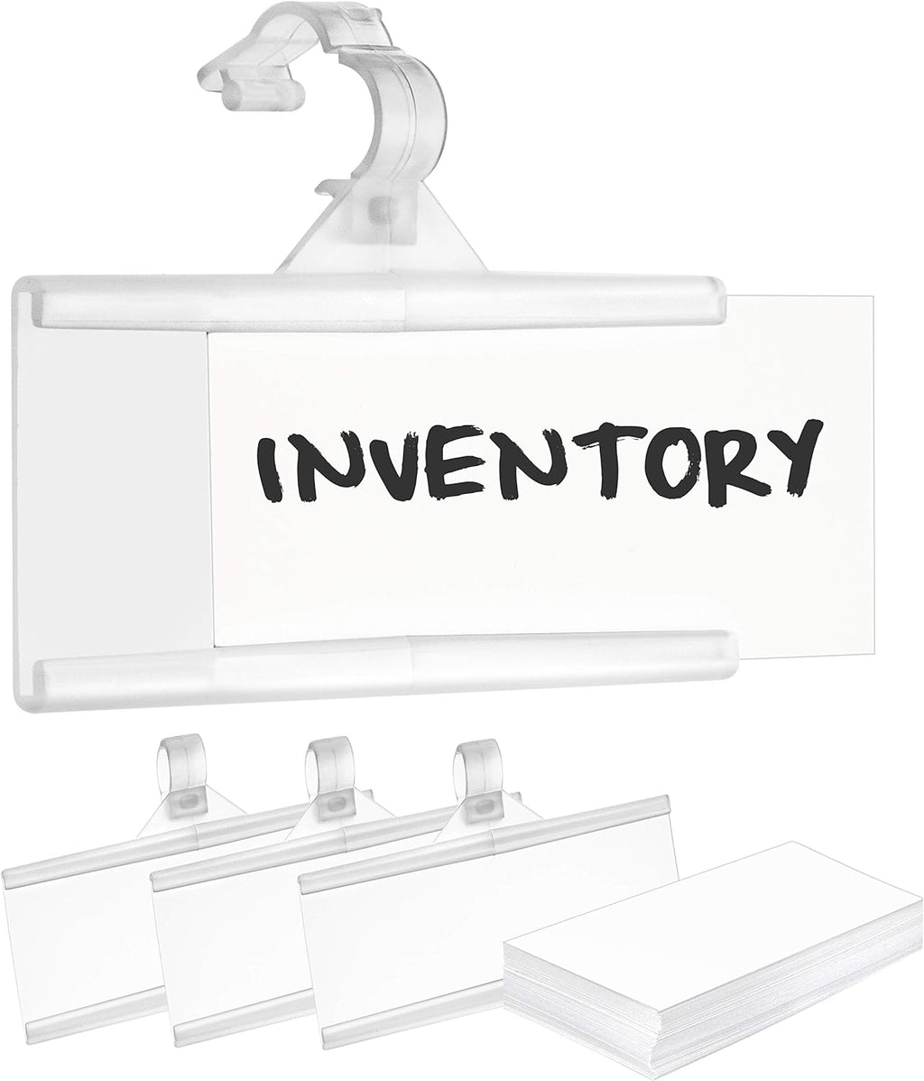 Pack of 100 - Plastic Wire Shelf Label Holder, Sign and Ticket Holder, Easy Clip Design with Tight Snap Lock Closure. Height, 1-1/4" X Width, 3" | "100 Label Inserts Included"