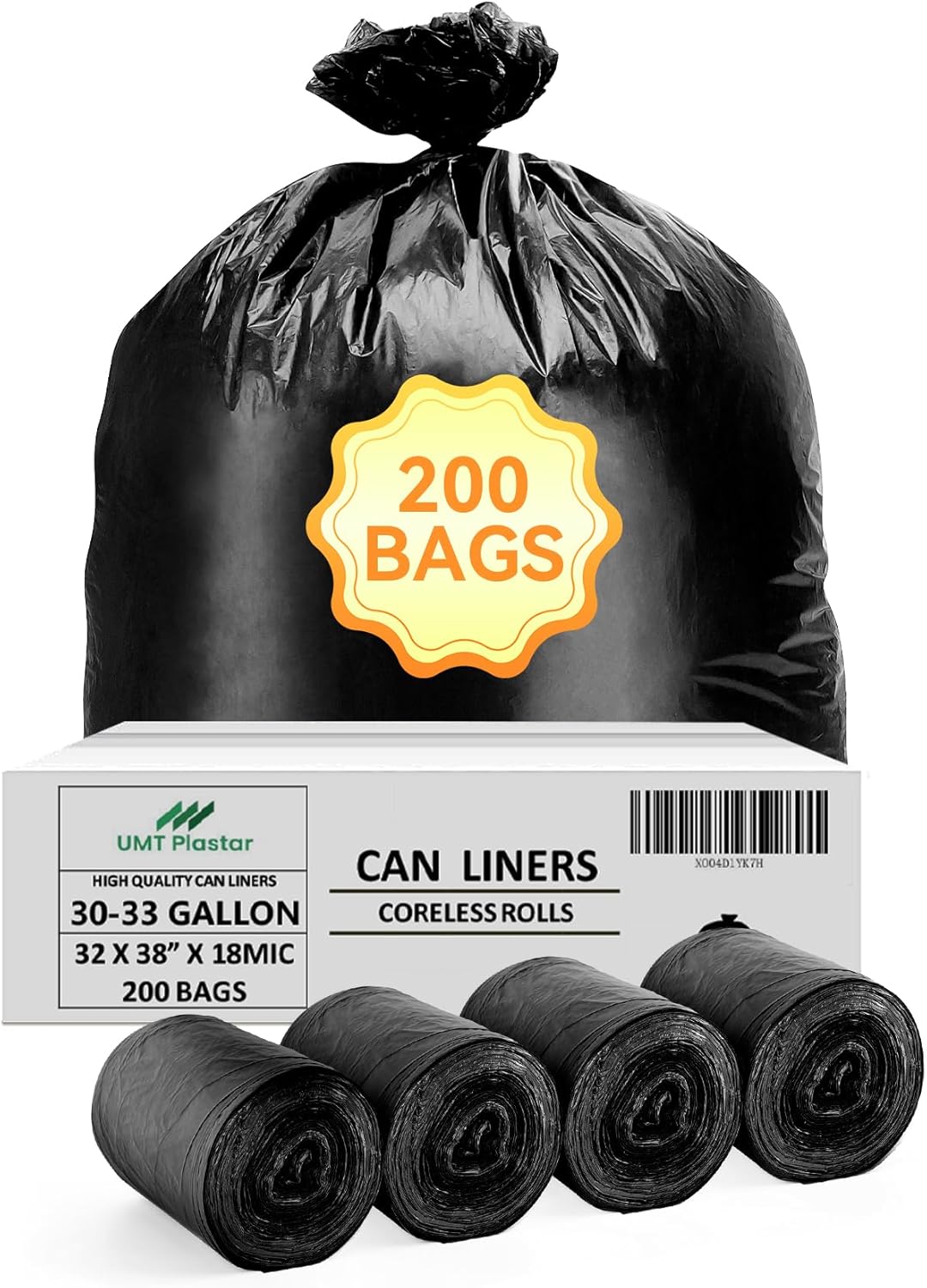 200 Count Heavy Duty Black Trash Bags 30-33 Gallon, 32 x 38 Inch Large Garbage Bags, 18 Micron Thick Strong Leak-Resistant Tall Kitchen & Outdoor Garbage Bags for Home, Kitchen, Office, Lawn