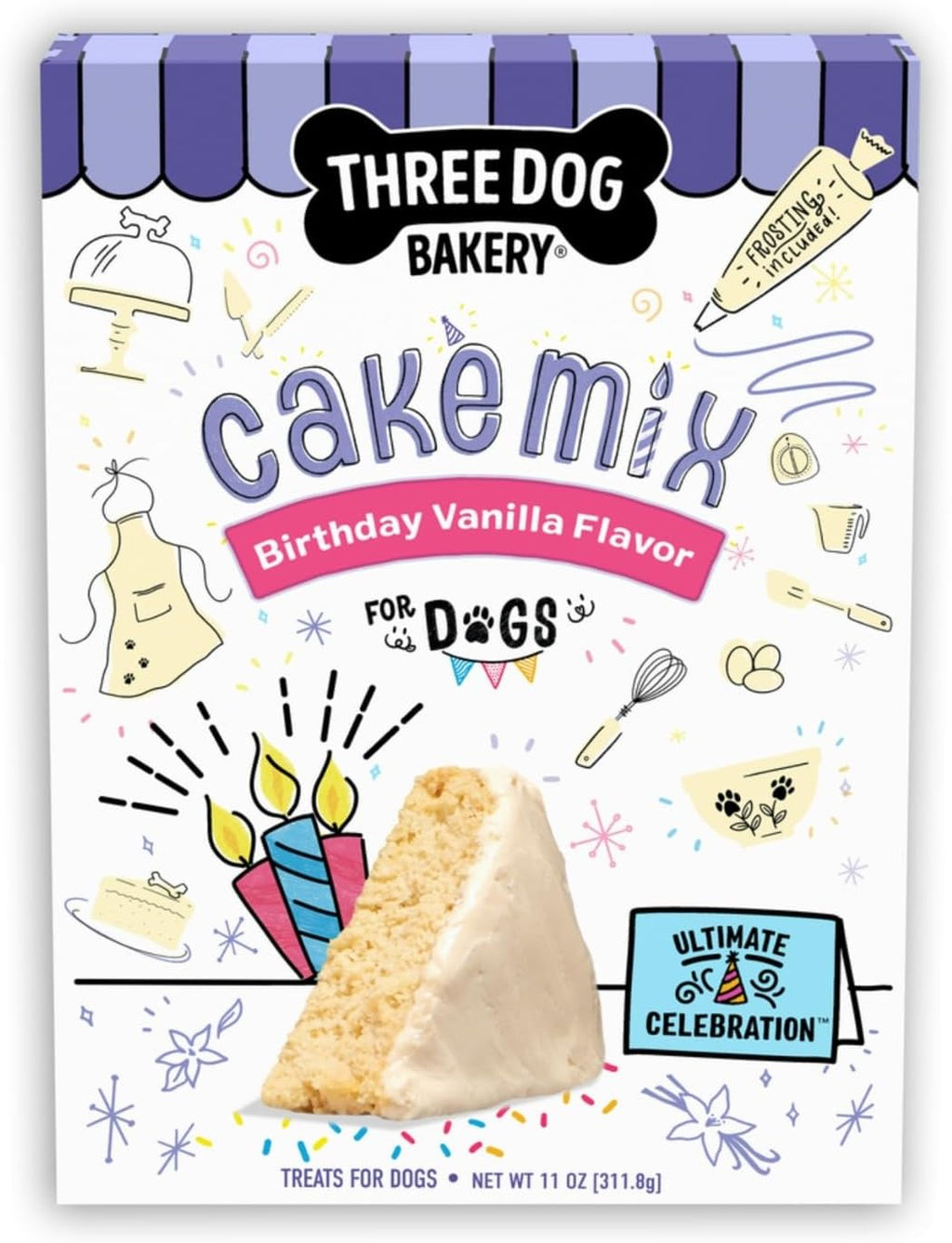 Three Dog Bakery Ultimate Celebration Dog Birthday Cake Mix, 11 oz, DIY Dog-Safe Cake Kit with Frosting, Perfect for Birthdays, Gotcha Days & Everyday Celebrations