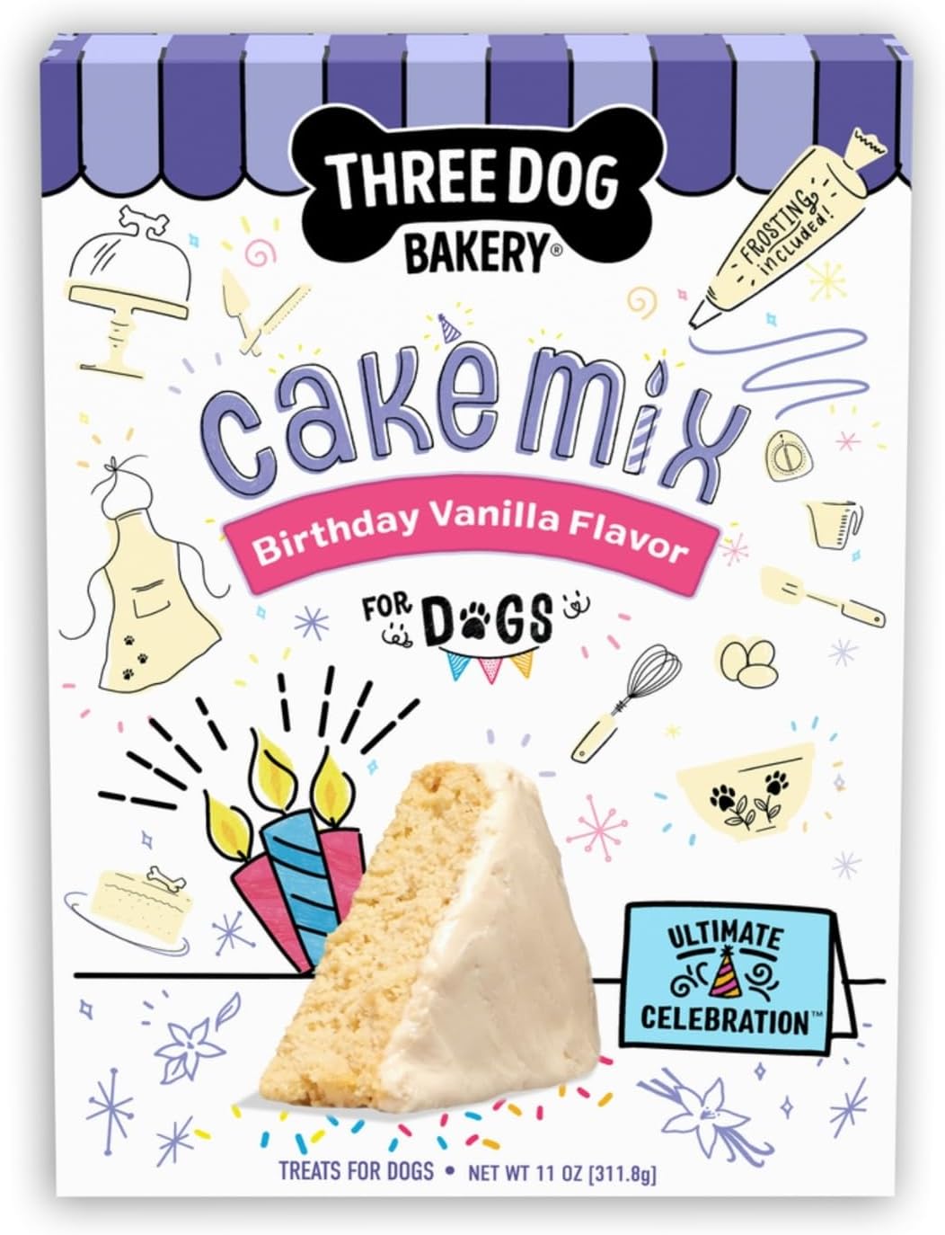 Three Dog Bakery Ultimate Celebration Dog Birthday Cake Mix, 11 oz, DIY Dog-Safe Cake Kit with Frosting, Perfect for Birthdays, Gotcha Days & Everyday Celebrations