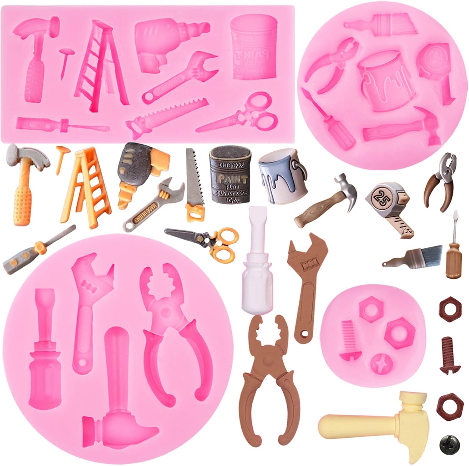 Hand Tools Silicone Molds 4 Pcs, Mini Construction Tools Chocolate Fondant Molds for Cupcake Toppers Mini Cake Decorating Candy Polymer Clay Resin Crafts Cake Mold for Birthday Party