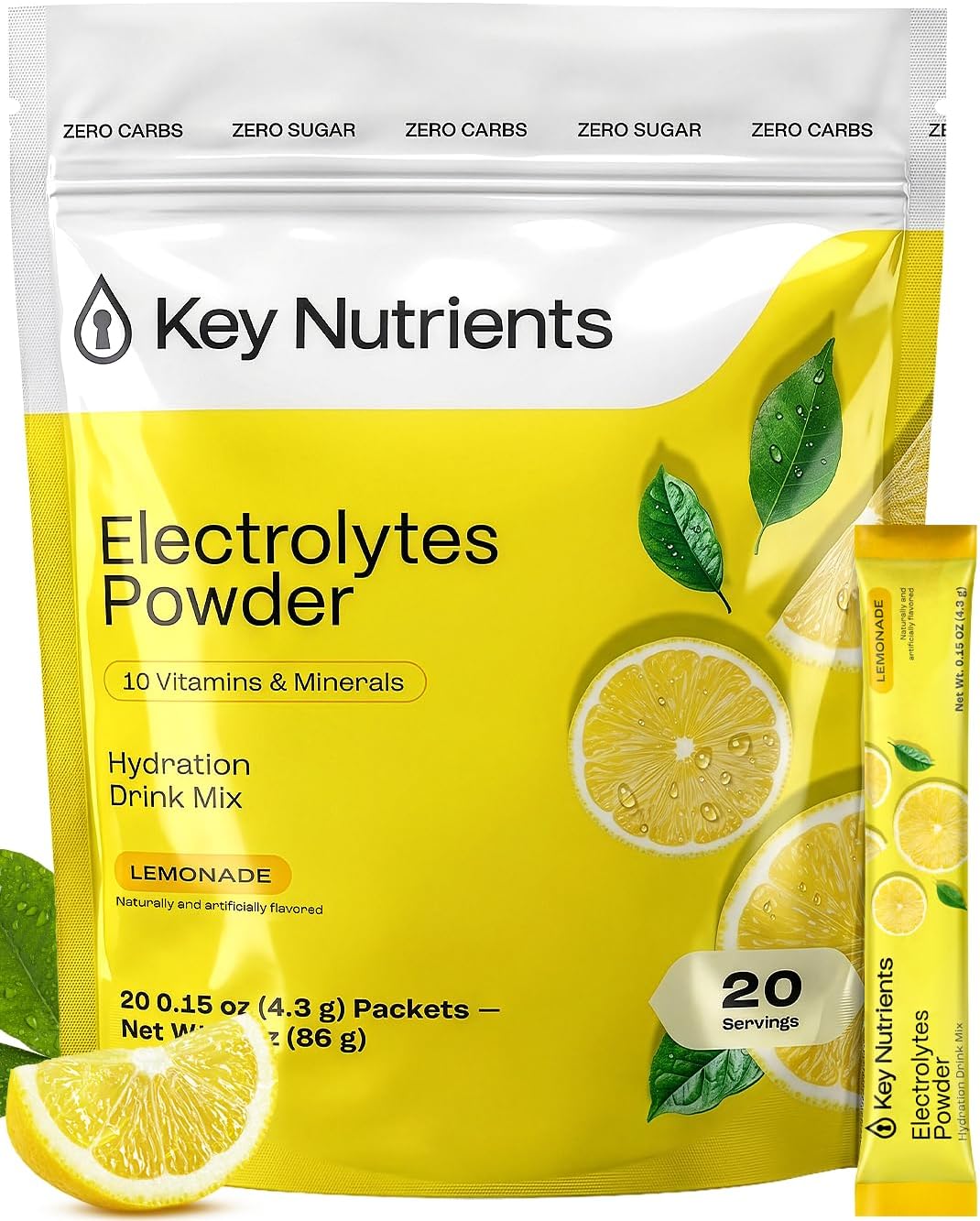 KEY NUTRIENTS Electrolytes Powder Packets - Multivitamin Lemonade 20 Pack Hydration Packets - Travel Hydration Powder - Improved Refreshing Taste - Made in USA - No Sugar, No Calories, Gluten Free