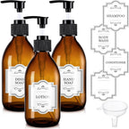8 oz Amber Glass Soap Dispenser, 250ml Glass Pump Bottle for Body Lotion Massage Oil, Refillable Empty Hand and Dish Soap Dispensers Set with Labels - 3 Pack