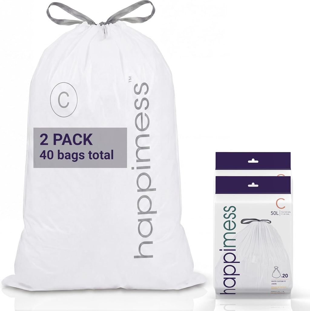 happimess 13.2 Gallon (50L) Drawstring Trash Bags, Unscented, White, Heavy Duty LDPE Liners for Kitchen and Household, Custom Fit 40 Count (2 Packs of 20 Liners) HPM3000C-W-2SET