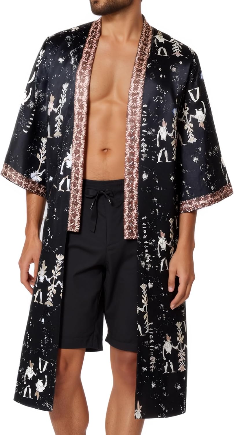 PRODESIGN Mens Satin Kimono Robe - Long Silky Sleepwear Nightgown Egyptian Bathrobe Dressing Gown Cardigan Beach Cover Up