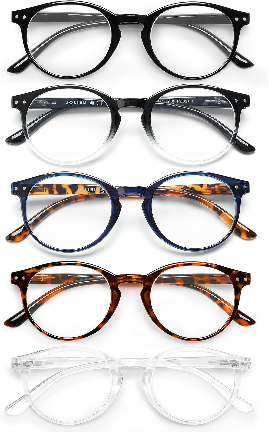 JOLISU 5 Pack Reading Glasses For Women/Men-Blue Light Blocking Computer Reader W/Round Frame - Retro Clear Lens Fake Eyeglasses（4.0）