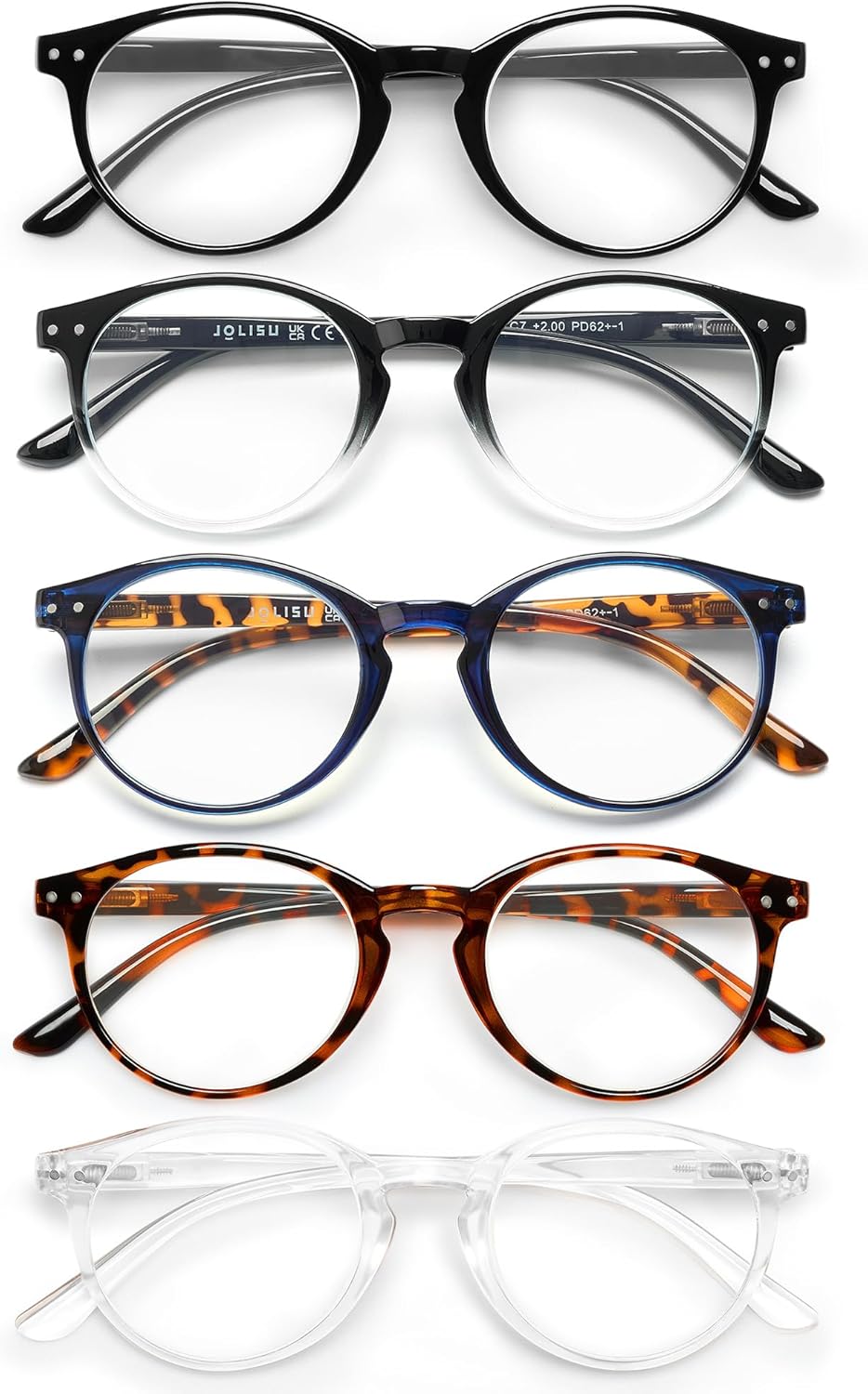 JOLISU 5 Pack Reading Glasses For Women/Men-Blue Light Blocking Computer Reader W/Round Frame - Retro Clear Lens Fake Eyeglasses（1.5）