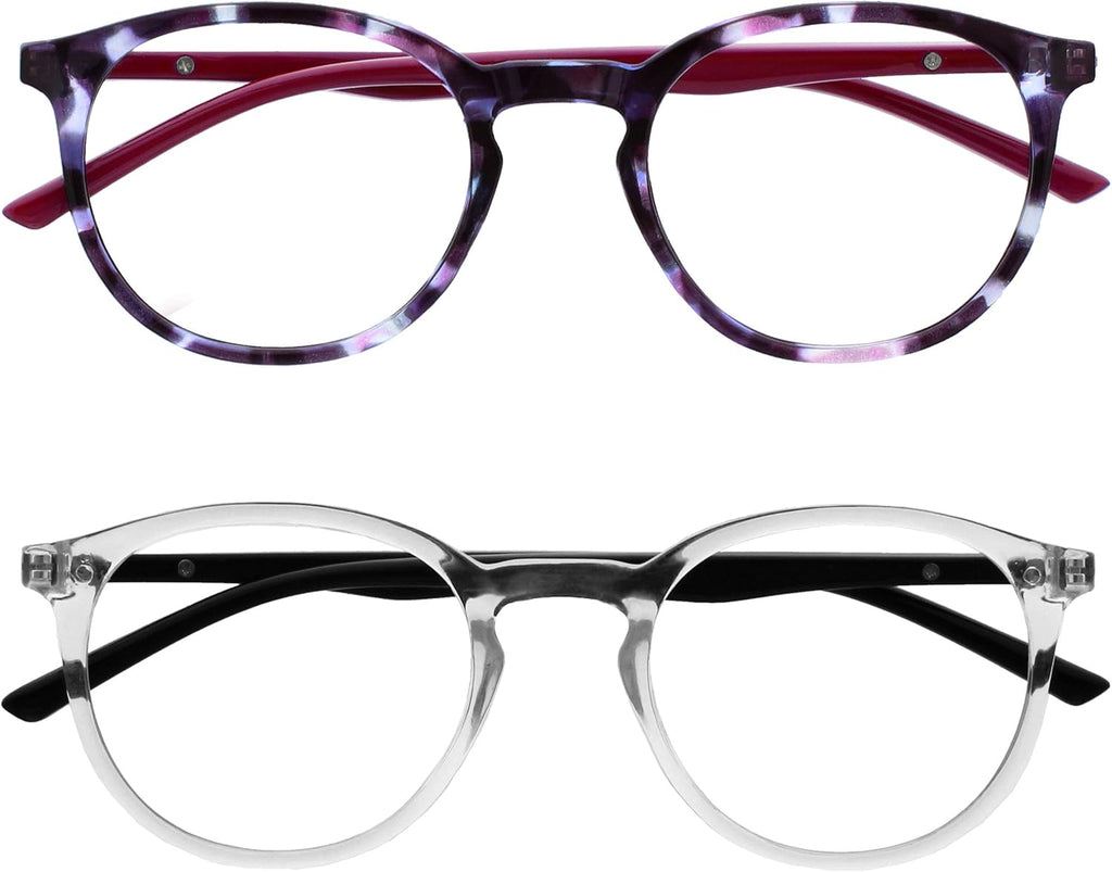 OPULIZE MET Blue Light Blocking Glasses for Women Men, Slim Round Frame with Spring Hinges and Scratch Resistant, Computer Glasses with Anti-Reflective, Purple,Clear, (Pack of 2)