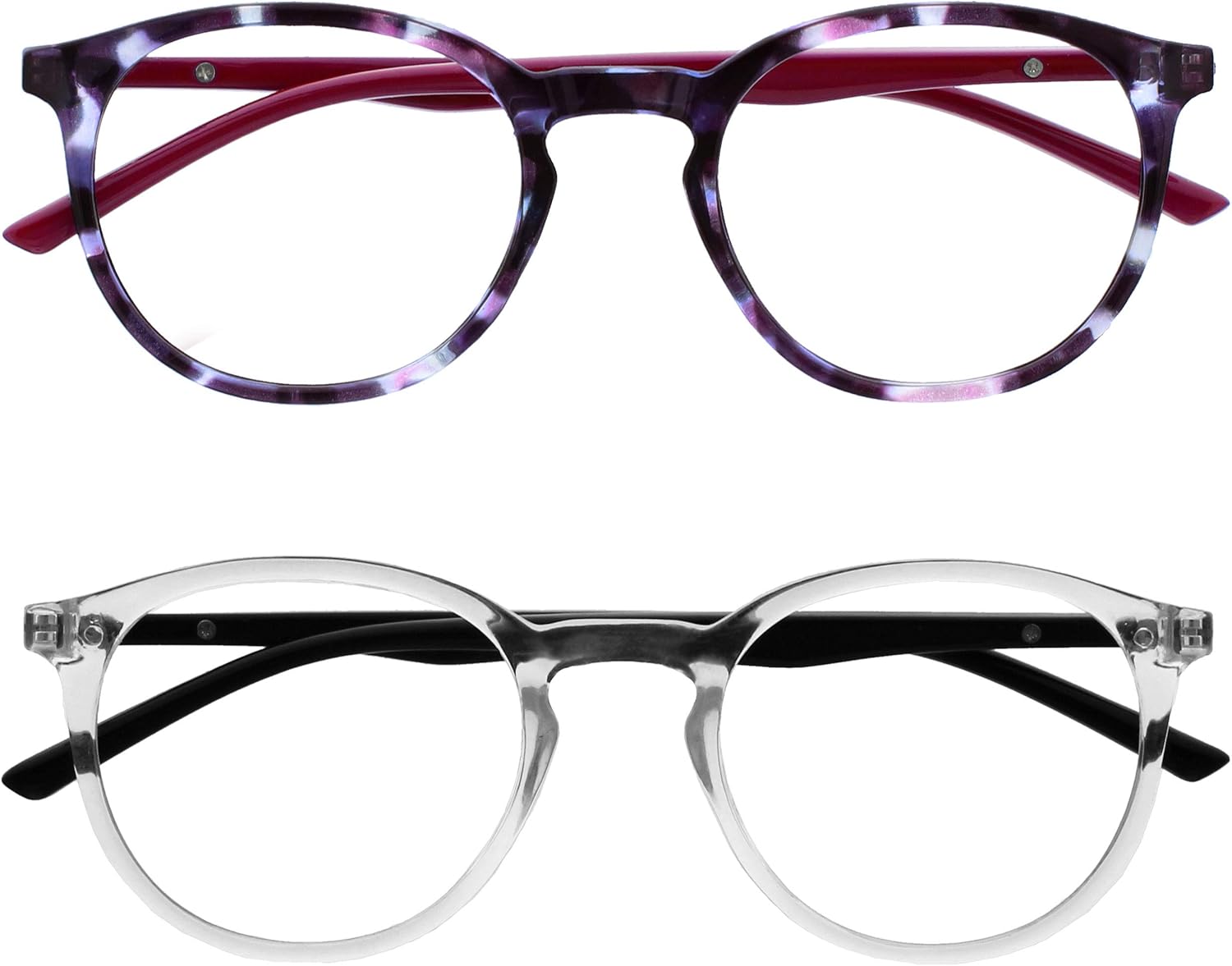 OPULIZE MET Blue Light Blocking Glasses for Women Men, Slim Round Frame with Spring Hinges and Scratch Resistant, Computer Glasses with Anti-Reflective, Purple,Clear, (Pack of 2)