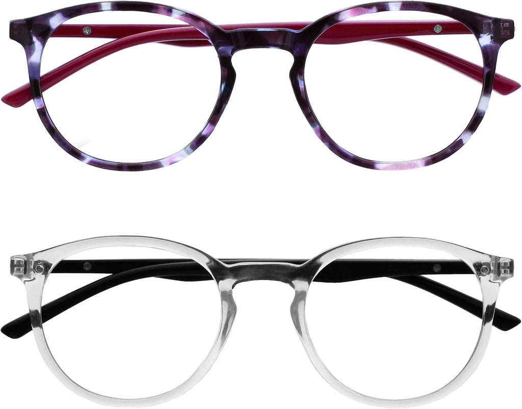 OPULIZE MET Blue Light Blocking Reading Glasses for Women Men, Slim Round Frame with Scratch Resistant and Spring Hinges, Computer Glasses with Anti-Reflective, Purple,Clear +1.5 (Pack of 2)