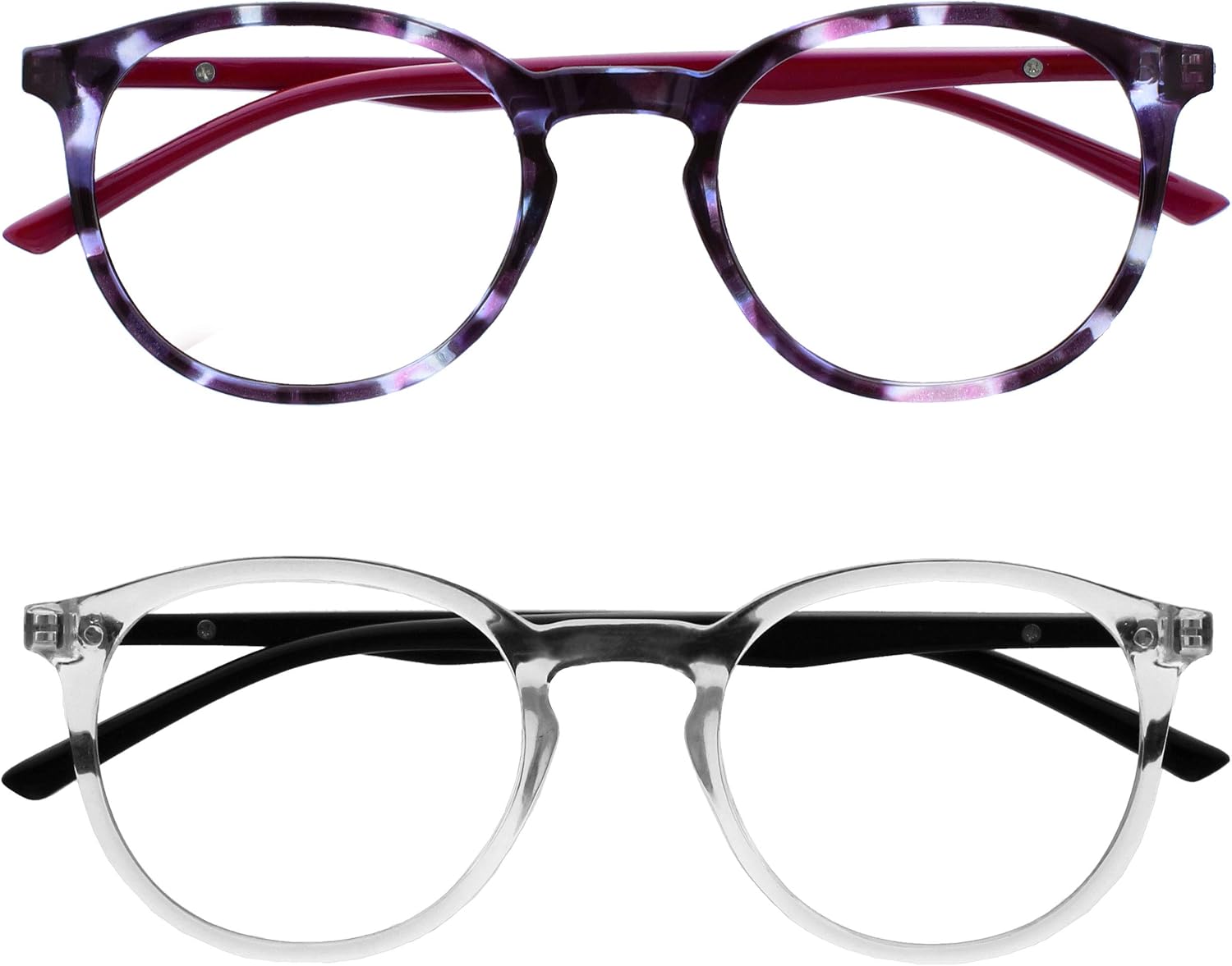 OPULIZE MET Blue Light Blocking Reading Glasses for Women Men, Slim Round Frame with Scratch Resistant and Spring Hinges, Computer Glasses with Anti-Reflective, Purple,Clear +1.5 (Pack of 2)