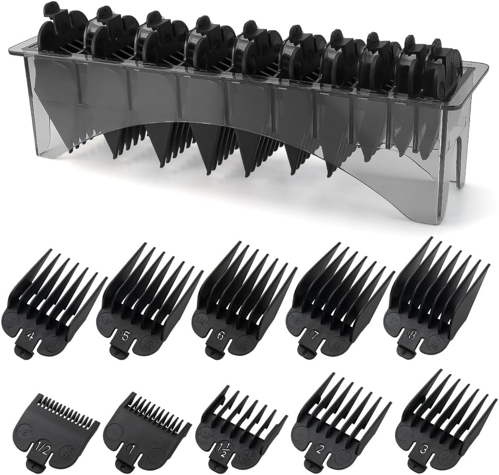 Clipper Guards Set Compatible with Most Wahl Clippers with Holder, Clipper Guides Replacement - 1/16" to 1", 10 Piece Set, Black Color