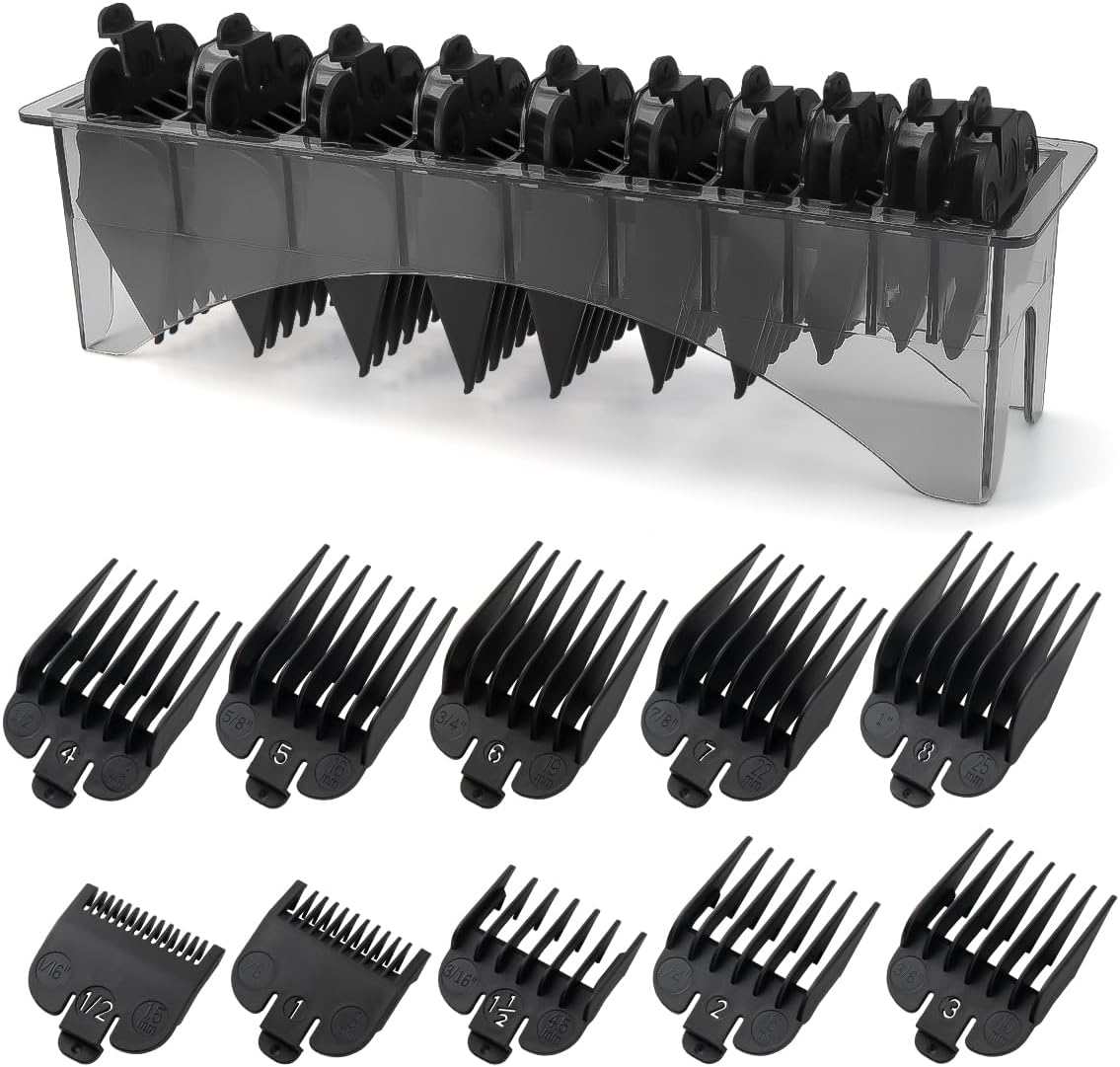 Clipper Guards Set Compatible with Most Wahl Clippers with Holder, Clipper Guides Replacement - 1/16" to 1", 10 Piece Set, Black Color