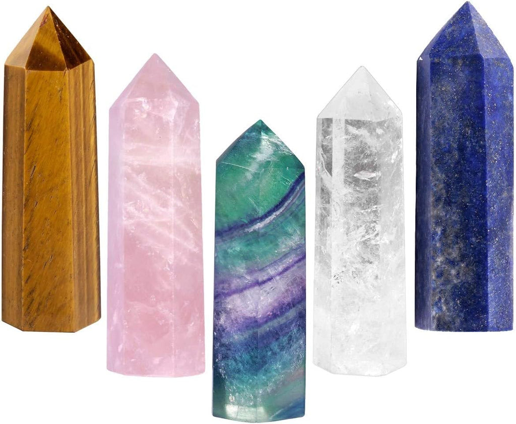 Nupuyai 5pcs Stone Wands for Healing, Rose Quartz Tiger's Eye Stone Fluorite Rock Quartz Lapis Lazuli Natural Crystal Points 1.8-2.1"
