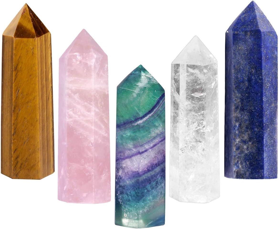 Nupuyai 5pcs Stone Wands for Healing, Rose Quartz Tiger's Eye Stone Fluorite Rock Quartz Lapis Lazuli Natural Crystal Points 1.8-2.1"