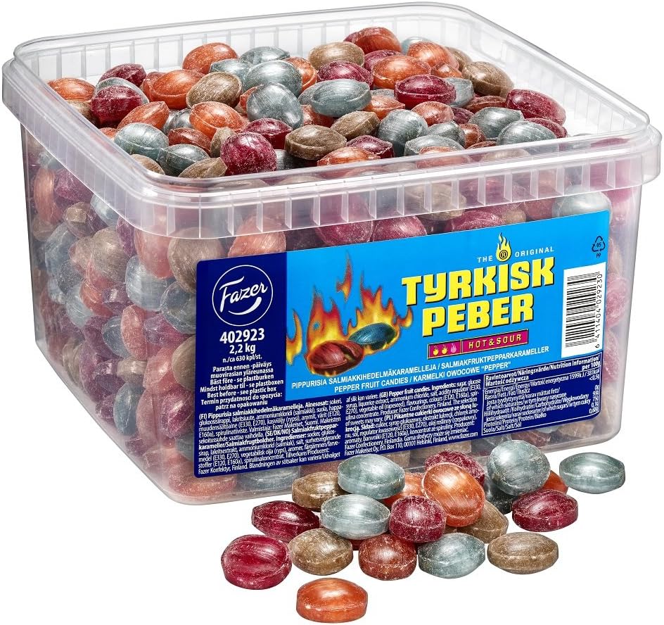 Fazer Tyrkisk Peber Hot & Sour - Original - Finnish - Liquorice - Salmiak - Salmiac - Salmiakki - Fruity - Pepper - Hard - Boiled - Caramel - Candy - Box 2,2 kg