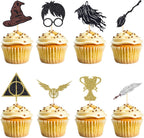 24 Pcs Black Magical Wizard Cupcake Toppers Gold Wizard Hat Flying Broomstick Cupcake Picks Magical School Theme Party Birthday Cake Decorations