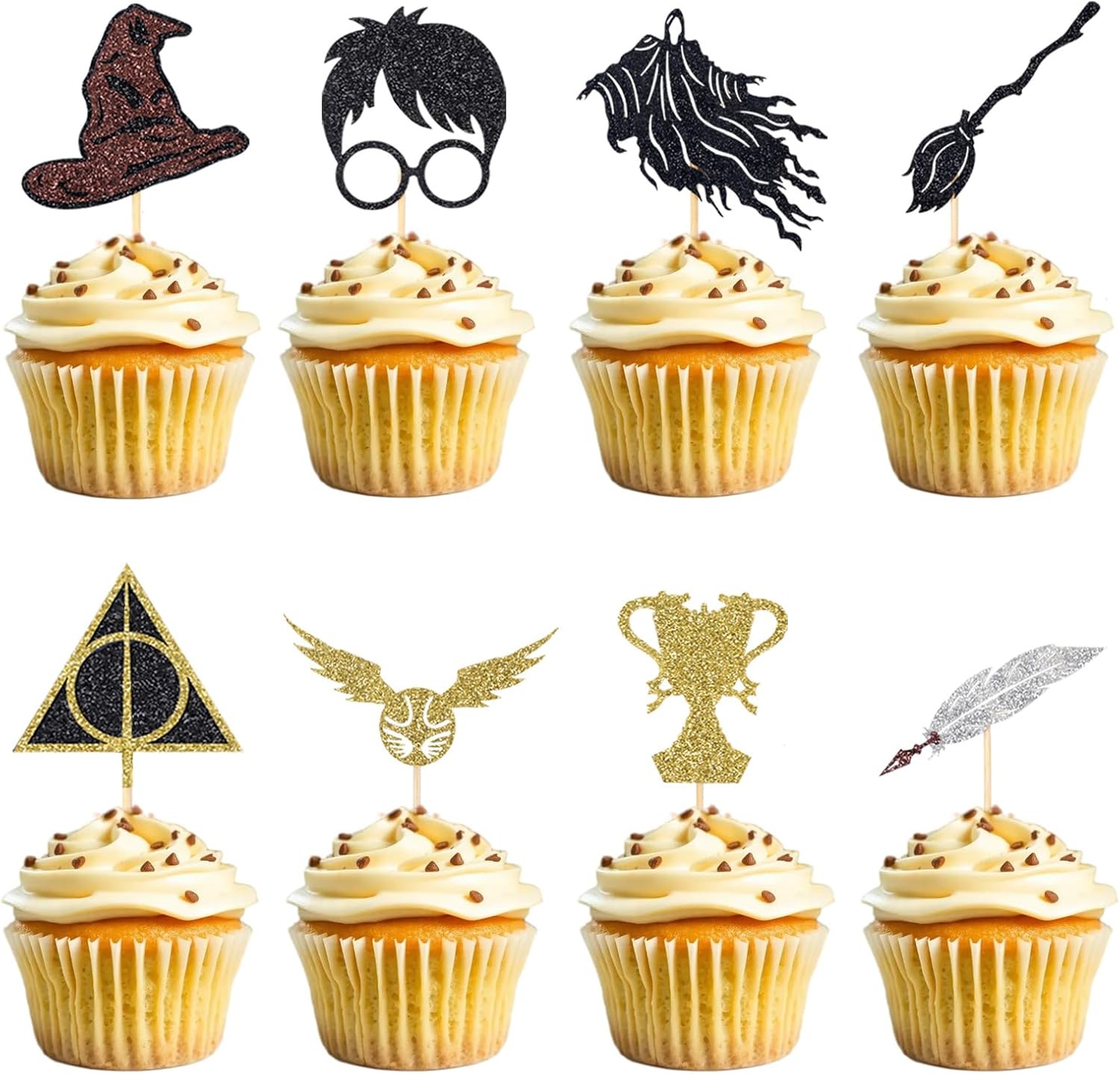 24 Pcs Black Magical Wizard Cupcake Toppers Gold Wizard Hat Flying Broomstick Cupcake Picks Magical School Theme Party Birthday Cake Decorations