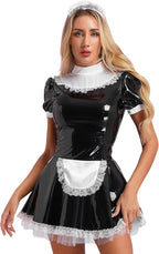 YiZYiF Women's Wet Look PVC Leather French Maid Costume Outfits Ruffles Mini Dress Apron Fancy Dress