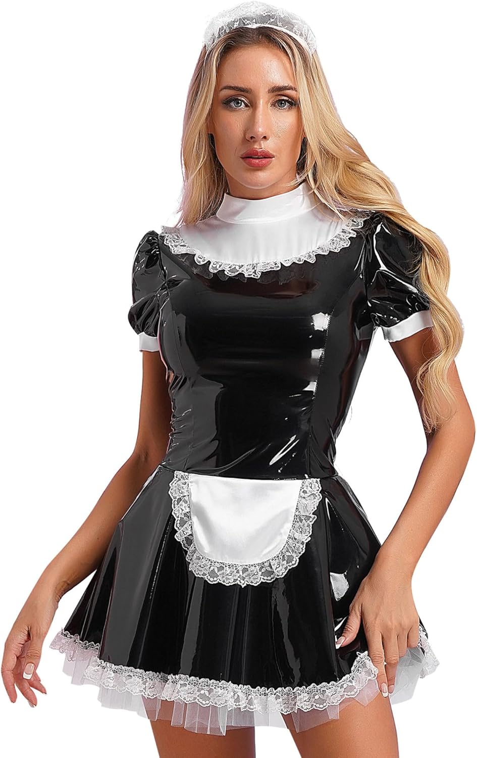 YiZYiF Women's Wet Look PVC Leather French Maid Costume Outfits Ruffles Mini Dress Apron Fancy Dress