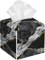 Black White Marble Tissue Box Cover Square,Golden Veins Leather Tissue Holder with Bottom Belt,Facial Paper Organizer Tissue Box Cover for Home Office Bathroom Vanity Countertop,5.2" x 5.2" x 5.2"