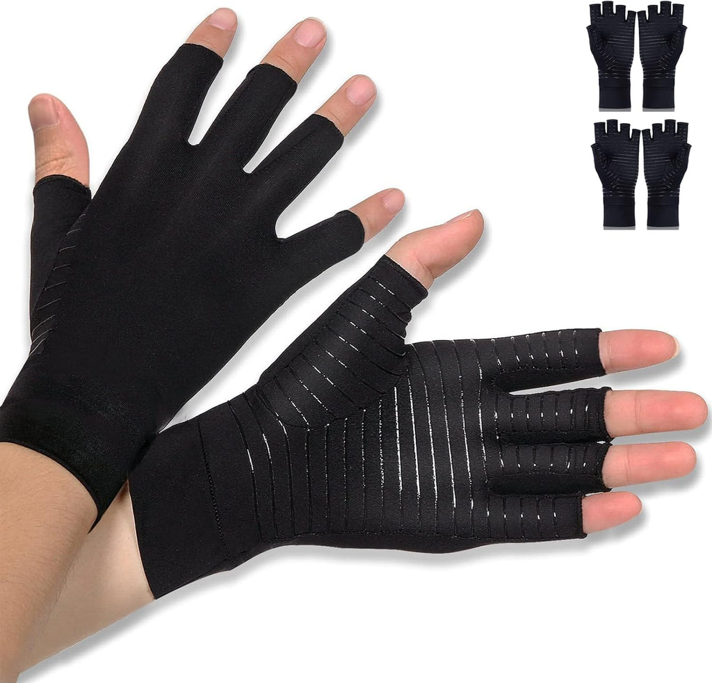Donfri 2 Pairs Copper Infused Compression Arthritis Gloves, Fingerless Carpal Tunnel Pain Relief Gloves For Men Women, Hand Support Wrist Brace Rheumatoid, Tendonitis, Swelling, Crocheting, Typing (M)
