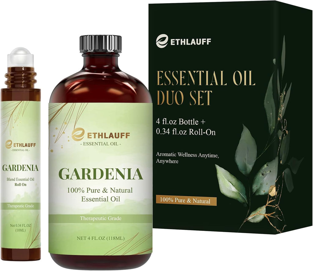 Gardenia Essential Oil (4 fl.oz Bottle + 0.34 fl.oz Roll-On) — Gardenia Oils for Aromatherapy, Diffusers, Humidifiers, Home fragrances, DIY Skincare, Candle, Soap Making, Relaxation,
