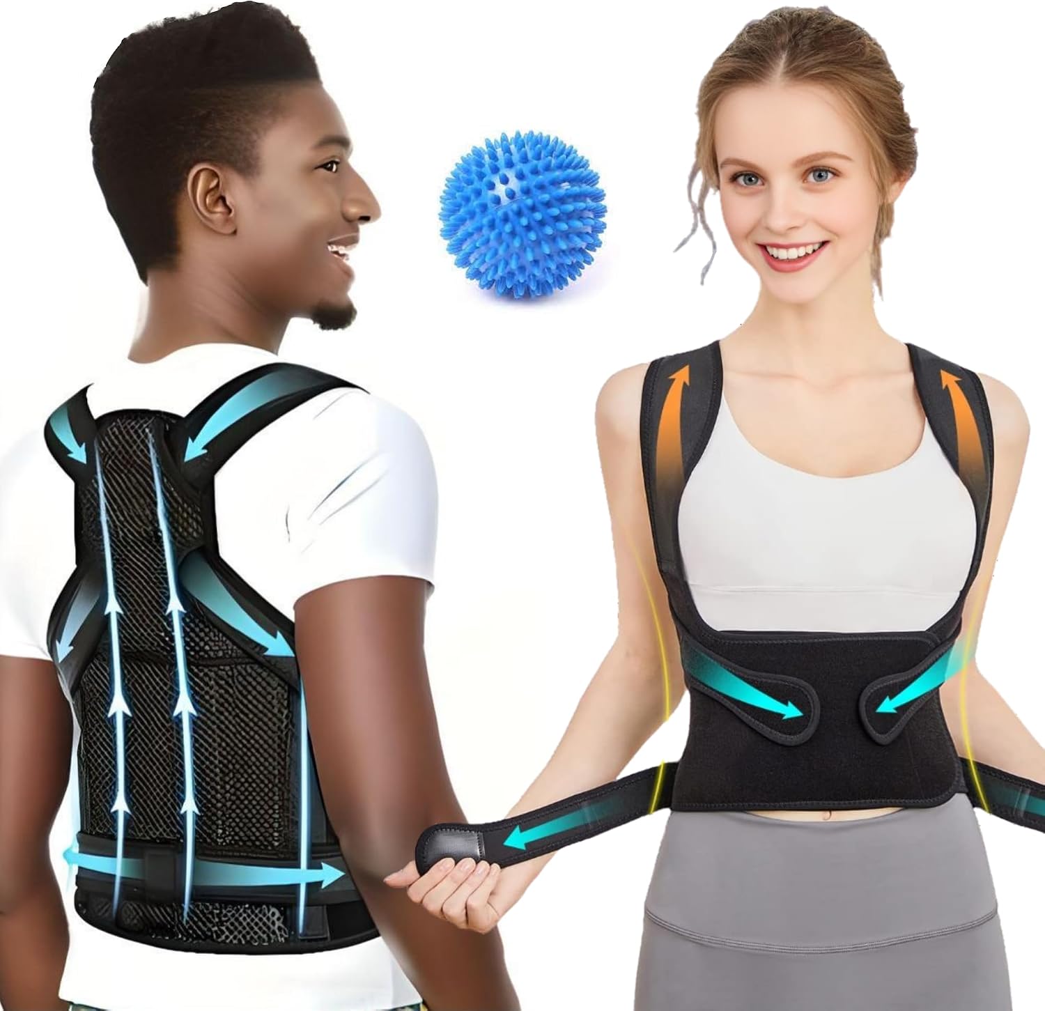 Generic Adjustable Posture Corrector Back Brace for Men, Women - 2024 Version (33-41 Inches M Waist) - Made of HQ Neoprene with FREE Massage Ball - Lightweight, Comfortable Belt for Spine Correction