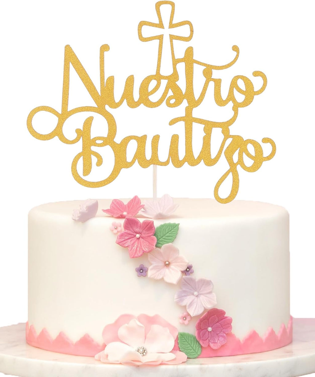 Gold Nuestro Bautizo Cake Topper - Spanish Baptism Glitter Cake Decorations, Mi Bautizo Cake Topper, Baby Shower Party Decoration Supplies