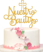 Gold Nuestro Bautizo Cake Topper - Spanish Baptism Glitter Cake Decorations, Mi Bautizo Cake Topper, Baby Shower Party Decoration Supplies