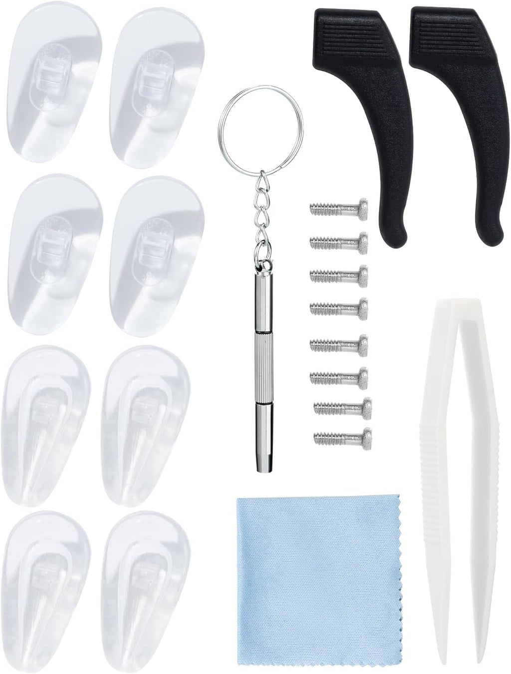 20 Pair of Eyeglasses Nose Pads,10 Pair of Air Chamber Soft Silicone Nose Pads & 10 Pair of Hard PVC Nose Pad,Screws,Screwdrivers,Tweezer and Cleaning Cloth